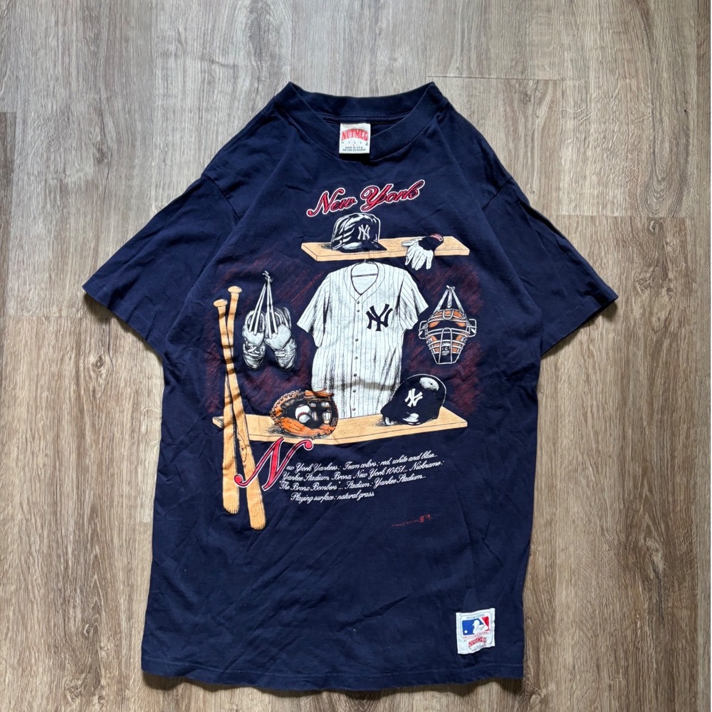 Vintage 1991 Nutmeg New York Yankees Shirt Navy Blue Single Stitch Large